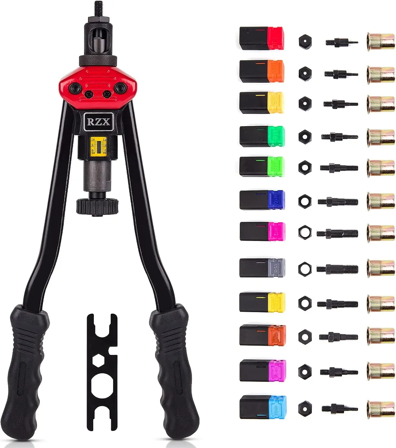 

16-дюймовый ручной инструмент для установки заклепочных гаек с 11 насадками и 110 гайками для резьбы M3-M12, 10-24 и 3/8-16