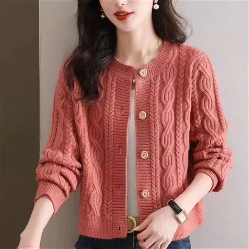 

2025 Vintage Autumn Winter Solid Color Short Knitted Cardigan Women O-Neck Long Sleeves Knitwear Tops Loose Female Clothes B1216