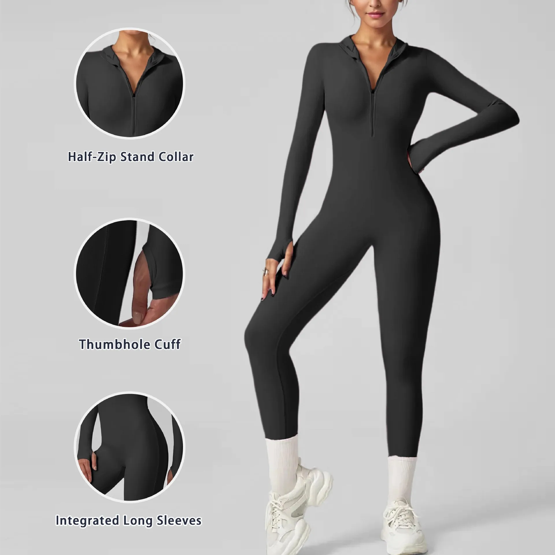 Women's Long Sleeve Moisture Wicking Super Stretch Jumpsuit for Sporty Woman Gym Rompers for Women Workout with Half-zip Stand
