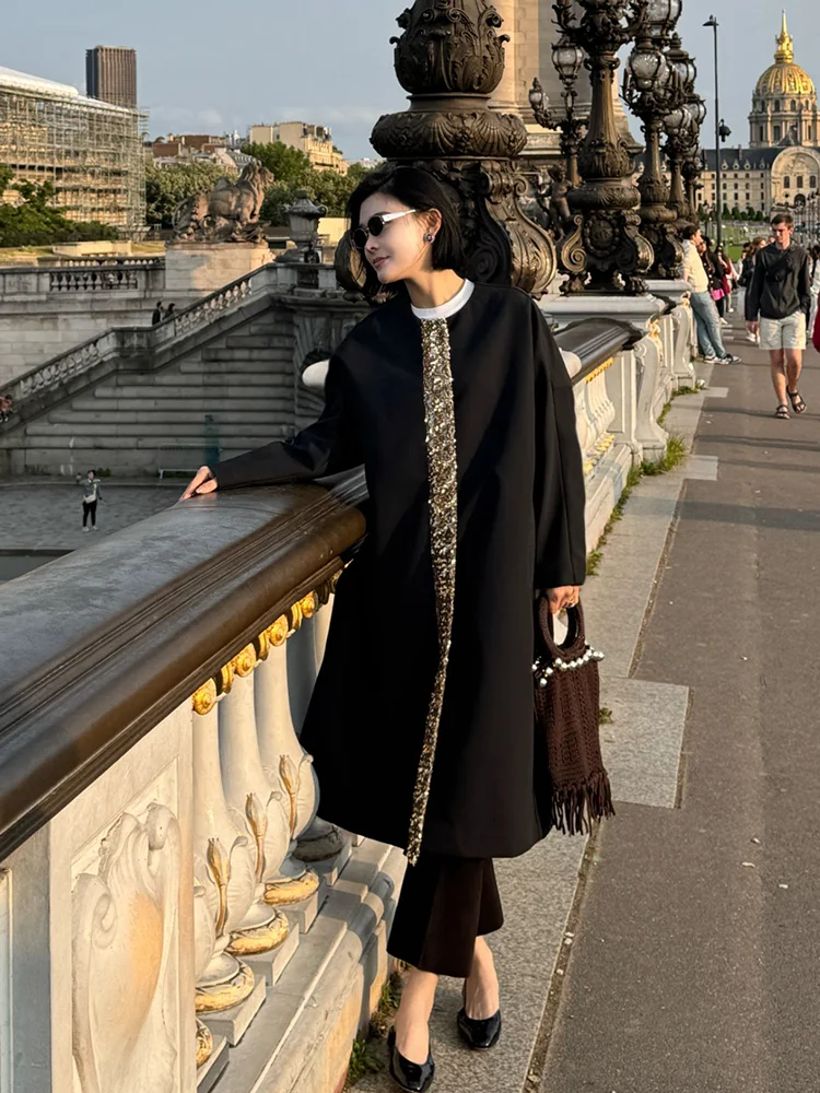 

Yuan ling ow Sle Long Coat Bla Gold Embellied Outerwear Ele Tailored Design Commute Friendly Wool Blend