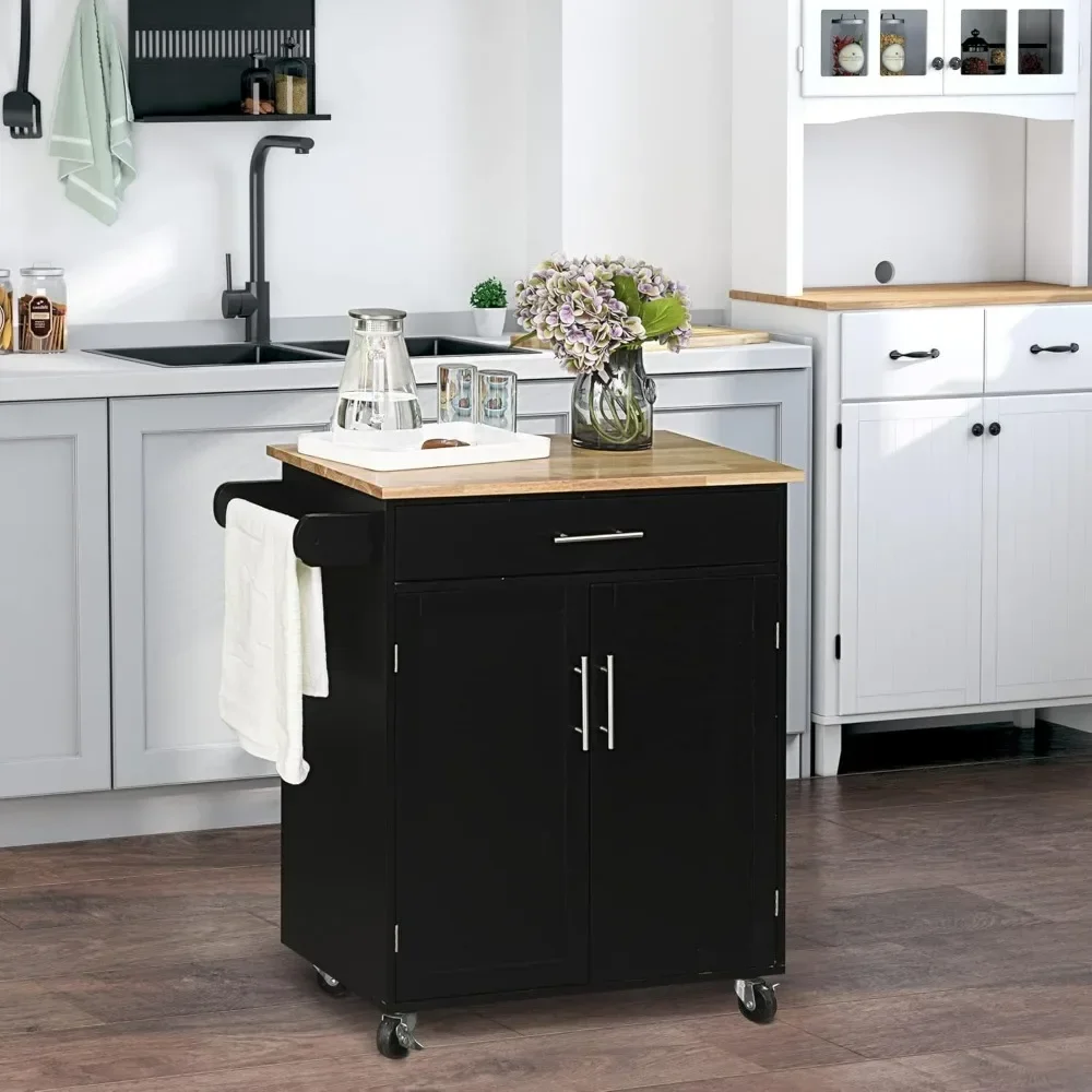 

Storage Rack Trolley, Kitchen Island Trolley with Drawers, Storage Cabinets & Towel Rack, Black Rolling Multifunctional Trolley