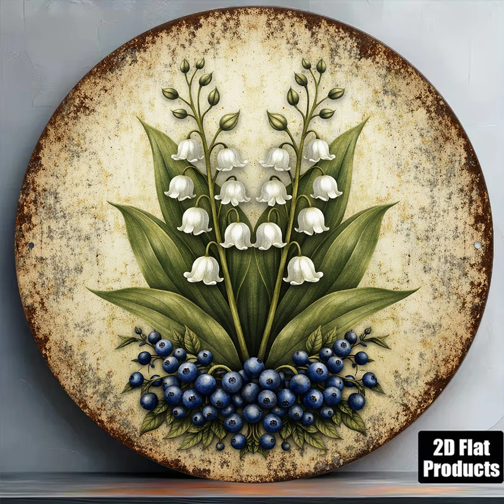 2D Flat, Suitable for Kitchen, Cafe, Restaurant Vintage Lily of the Valley & Berries Wall Decor - 8x8in/20x20cm Round Sign