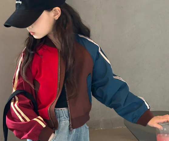 autumn fashion teenage Girls short jacket color blocked coat 2024 junior kids baseball outfit overcoat 10 12 14 children clothes