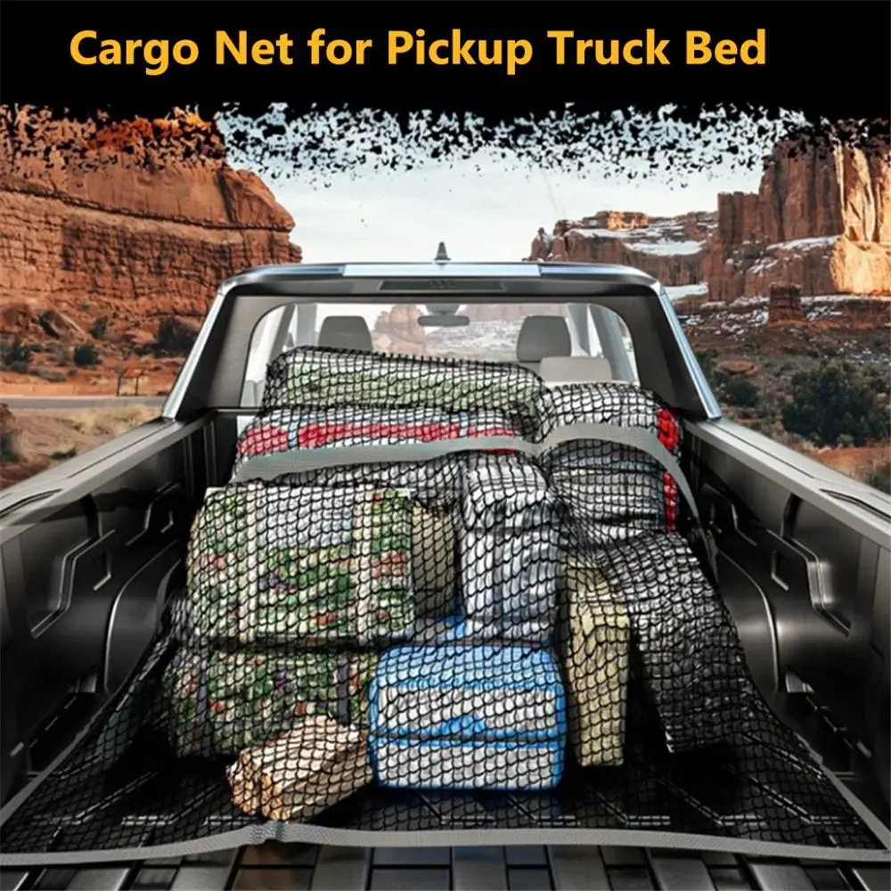 Stretchable 4'x4' to 7'x7' Cargo Net for Pickup Truck Bed Single Layer High Elastic Fine Mesh with 8 Metal Carabiners