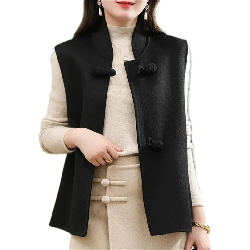 Vested Women\'s Autumn and Winter New Chinese Style Woolen Fabric Slim and Versatile Waistwear Woolen Vest Short Button Coat Red