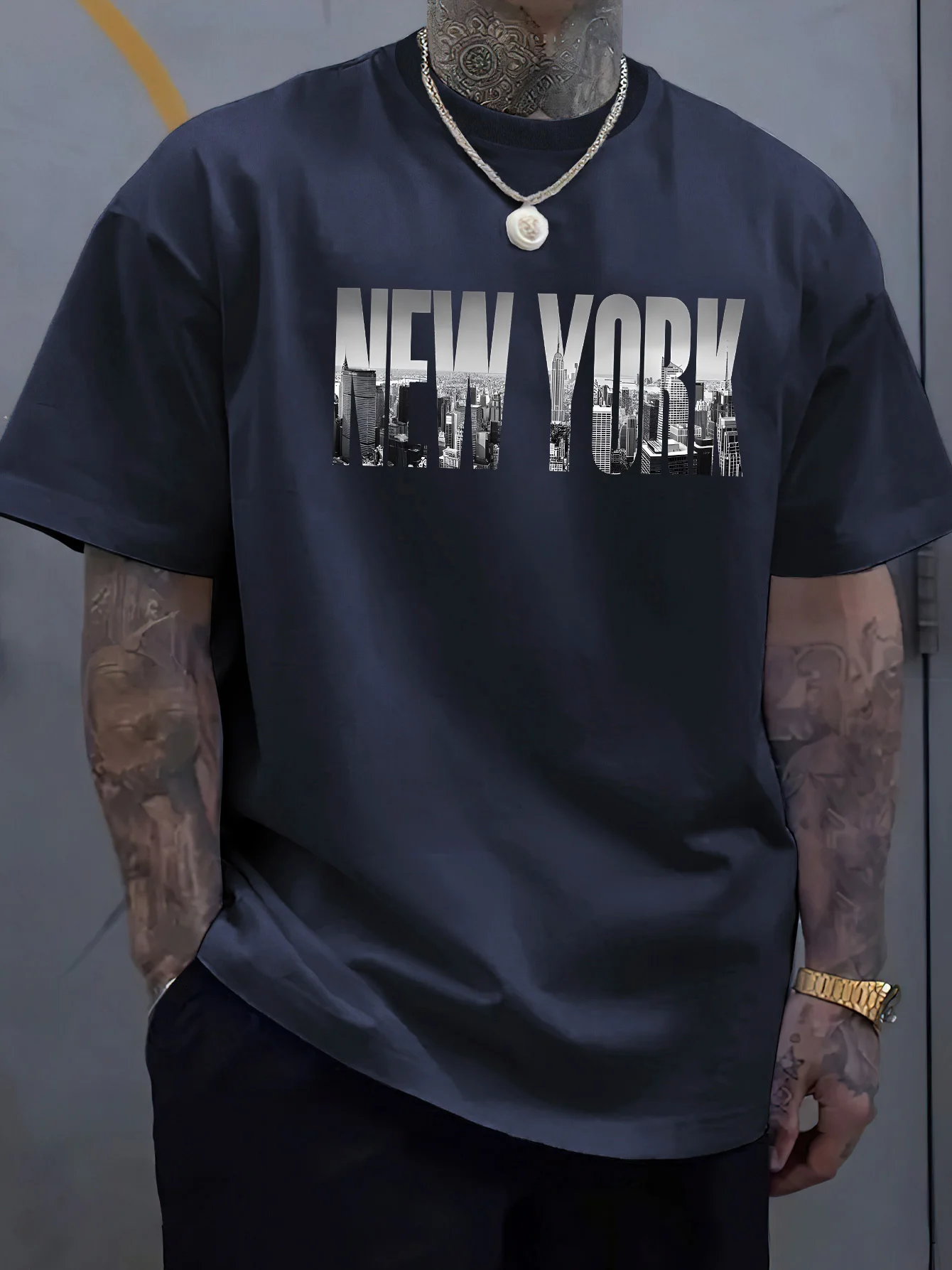 Summer men's 100% pure cotton casual loose fit plus size New York City pattern printed round neck short sleeved T-shirt top
