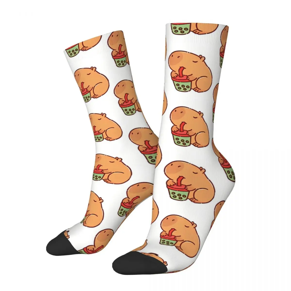 Funny Men's Socks Capybara Drinking Boba Tea Bubble Vintage Milk Tea Harajuku Seamless Crew Sock Gift Pattern Printed