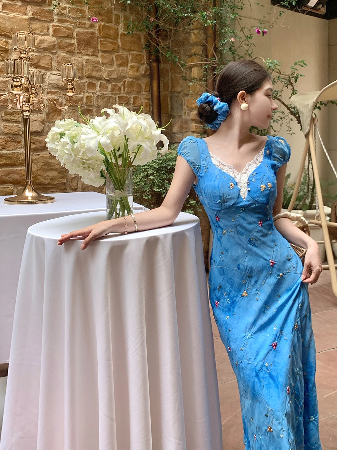 Ele Blauw Geborduurde Lange Taille-Cinching Square-Ne Dr Dames High-End Afslankende Bloemen Wrap Around Rok Dr