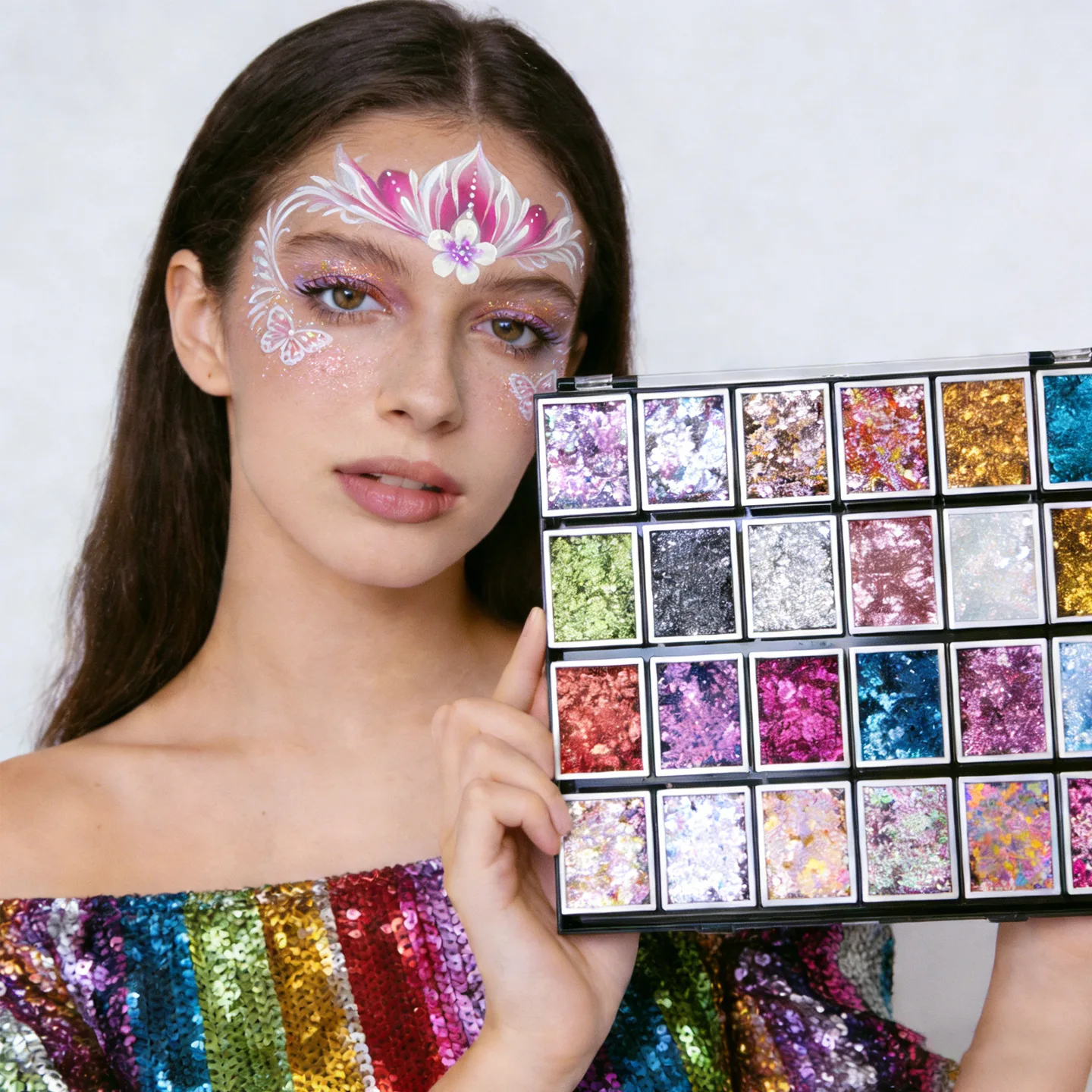 24 Colors Chunky Glitter Face Body Oil Based Sequin Face Paint Palette Lips Nails Hairs Makeup Shimmer Body Glitter Primer Gel