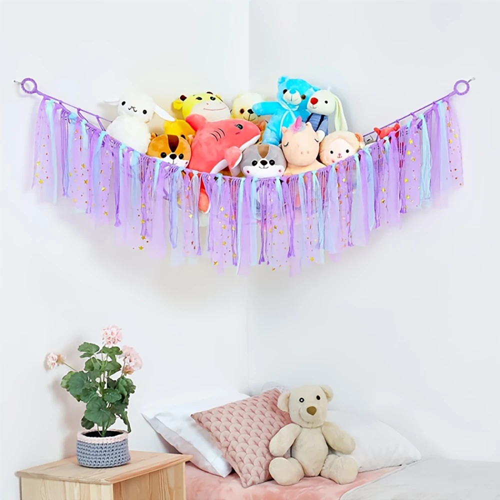 Hammock with Tassels Storage Net for Stuffed Animals Holder and Plush Toy Hammock Handmade Soft Corner Hanging Netting Toy Holde