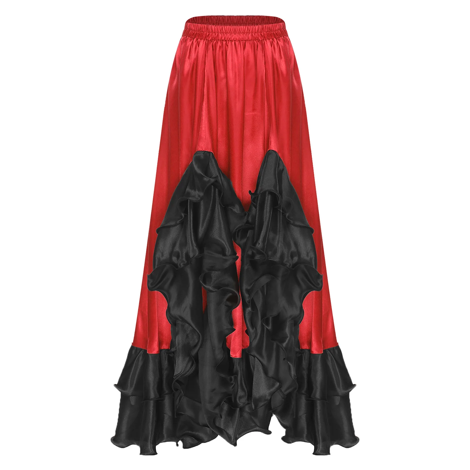 Womens Classical Flamenco Dance Skirt Ruffled Trim Irregular Hem Contrast Color Satin Big Swing Skirt for Spanish Dance Tango