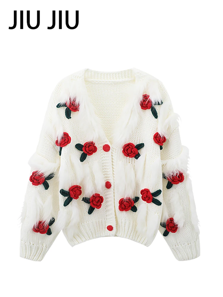 Fall Winter Women French Vintage Shoujo Floral Cardigan Long Sleeve Cuddly Sweater Knitwear Fluffy Pullovers Old Money 2000s New