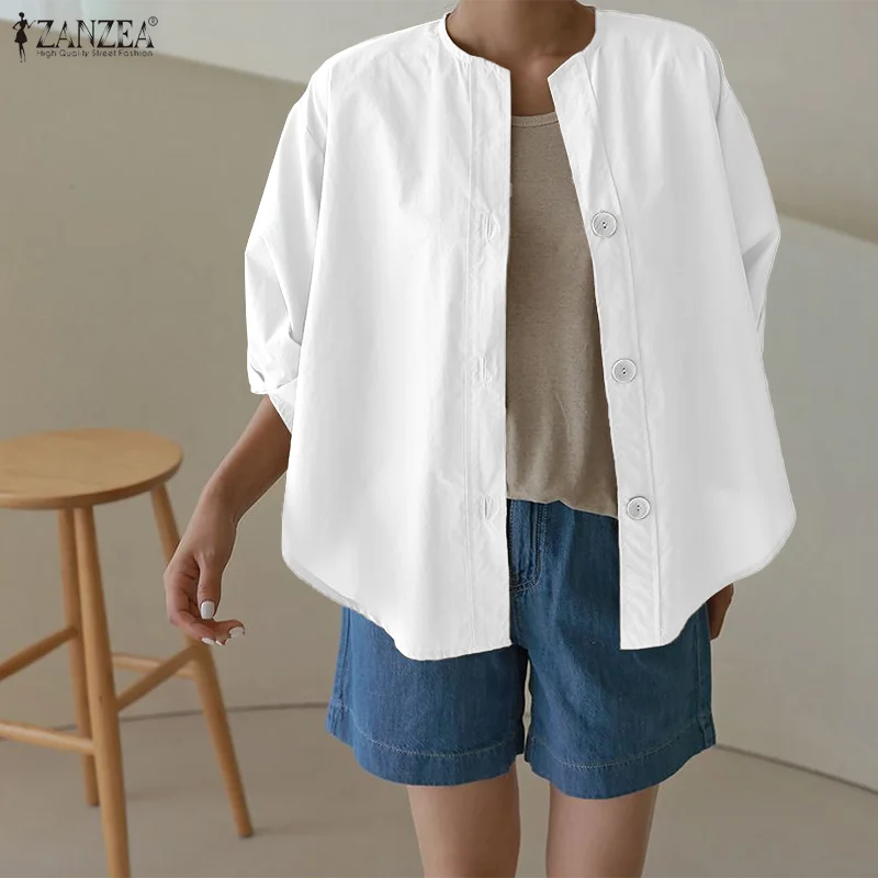 

Модная блузка ZANZEA, женские рубашки с коротким рукавом, повседневные элегантные офисные женские рубашки на пуговицах, лето 2025 г., свободные однотонные туники с пышными рукавами, топы