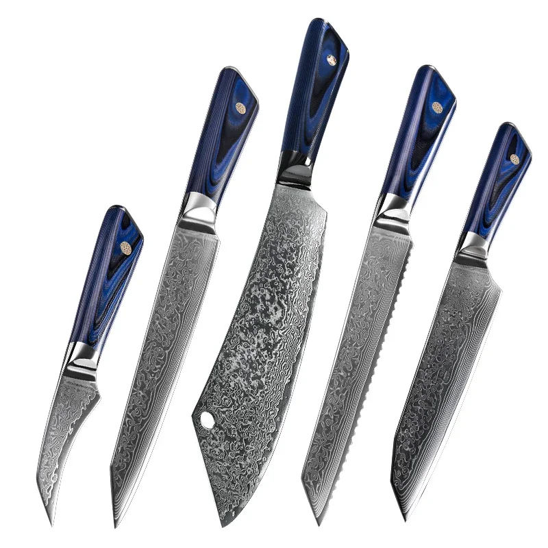 

2021New Design Damascus VG10 Top Quality Steel Blade Lue G10 Handle Chef Eviscerate Santoku Bread Knife Kitchen Knives Set Of 5