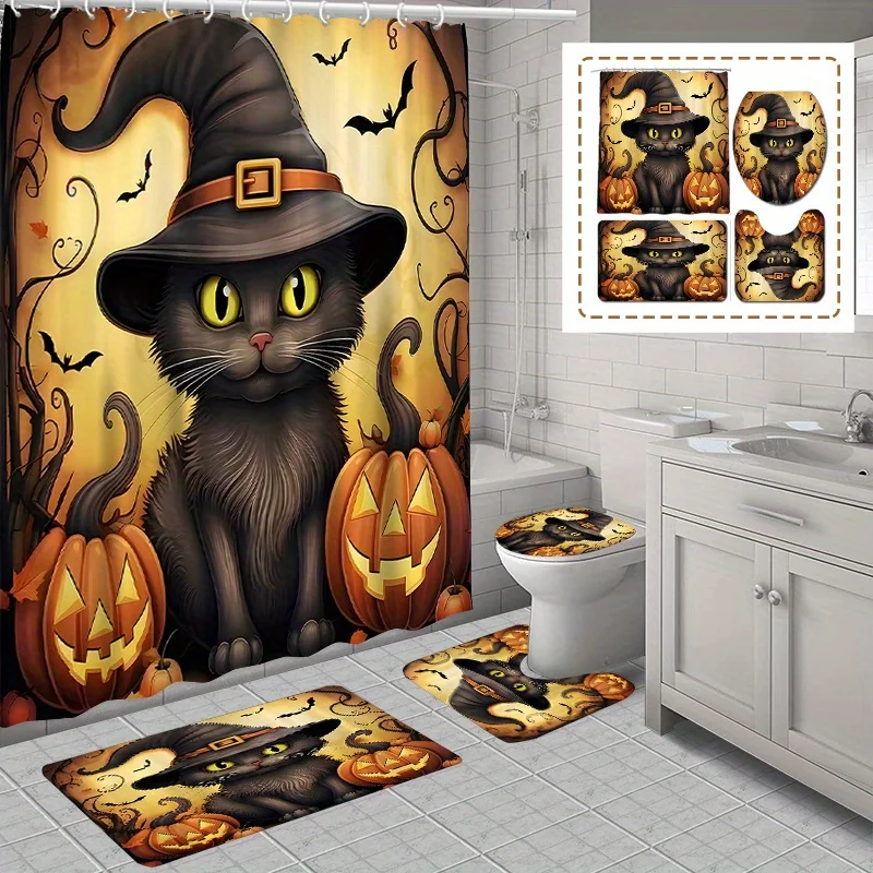 Halloween Cat and Pumpkin Shower Curtain Set with 12 Hooks - Woven Polyester, Water-Resistant Fashion Theme Bath Decor - Include