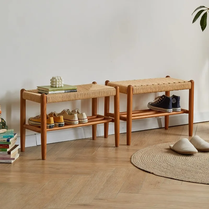 

Nordic Solid Wood Shoe Bench Japanese Rope Woven Bed End Stool Entryway Long Storage Seat Minimalist Handcrafted Ottoman