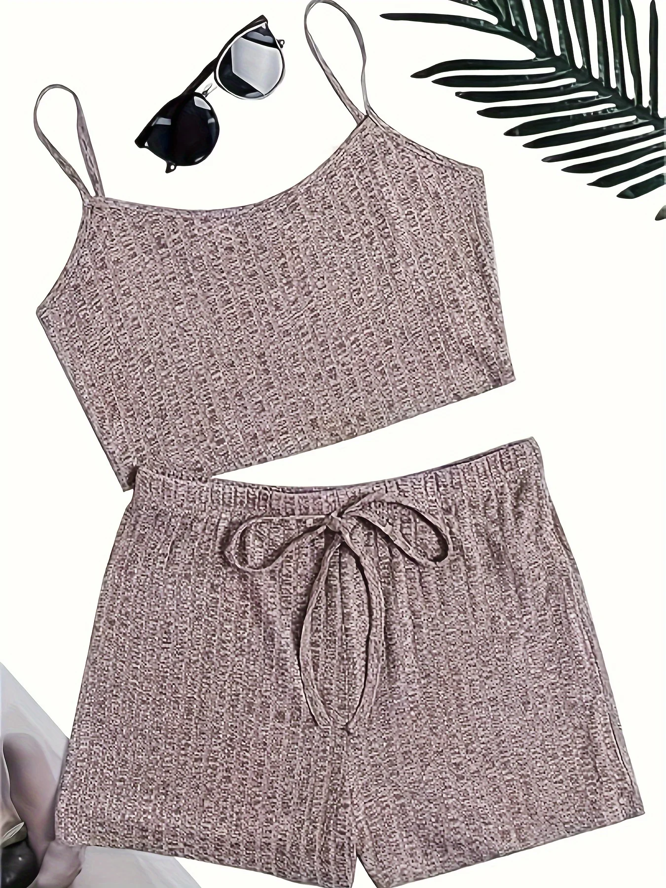 

Solid color new threaded knit leisure two-piece revealing navel suspenders high-waisted strappy shorts ladies summer casual suit