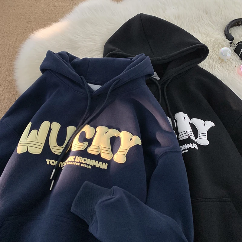 

Утепленная толстовка с принтом для мужчин, весна-осень, винтажный американский стиль, плотная, повседневная, свободного кроя, молодежная мода