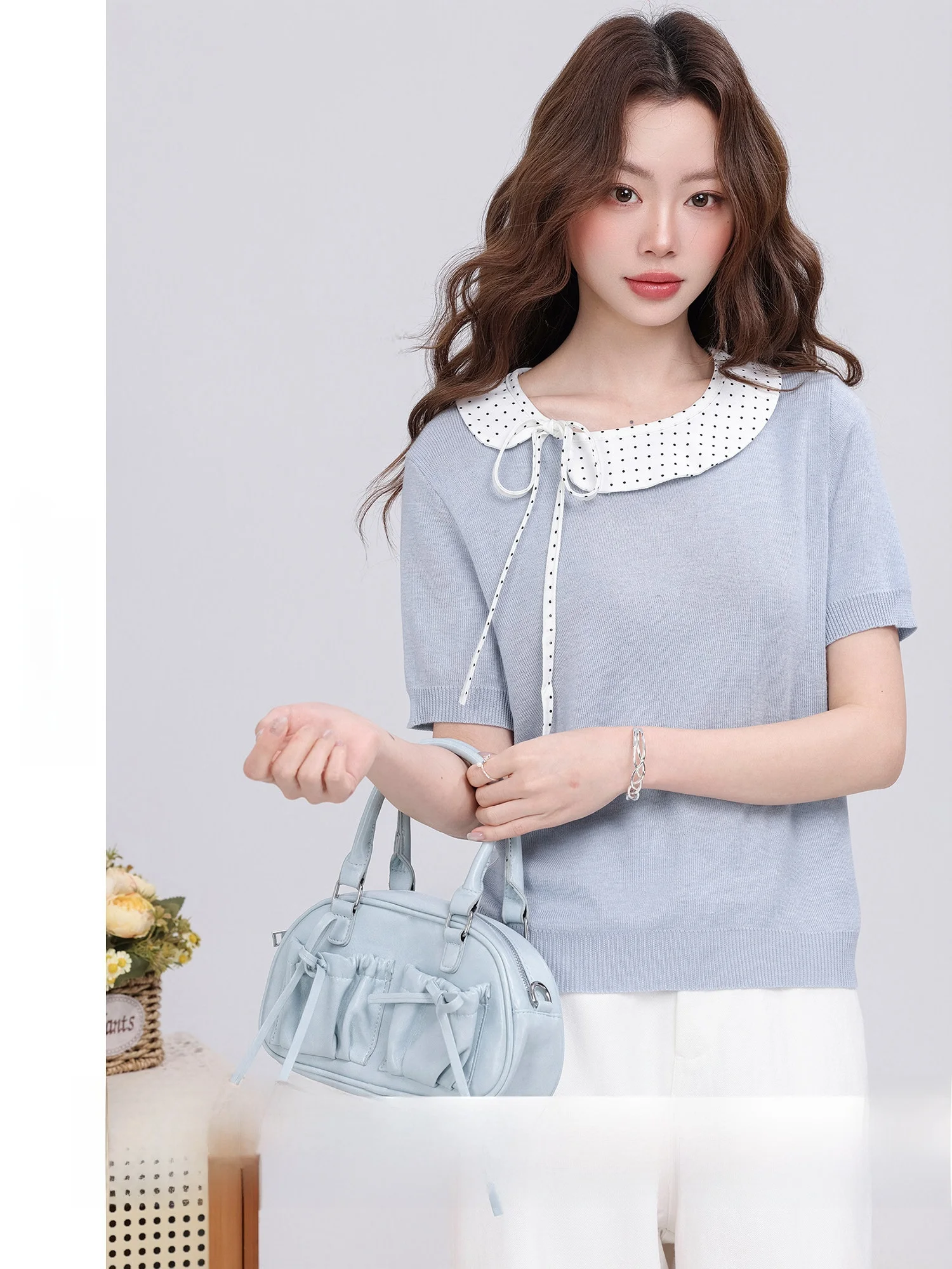 

Blue Polka Dot Knitted Sweater New Arrival Doll Collar Style French Style Breathable Polyester Fiber Short Sleeve Casual Wear