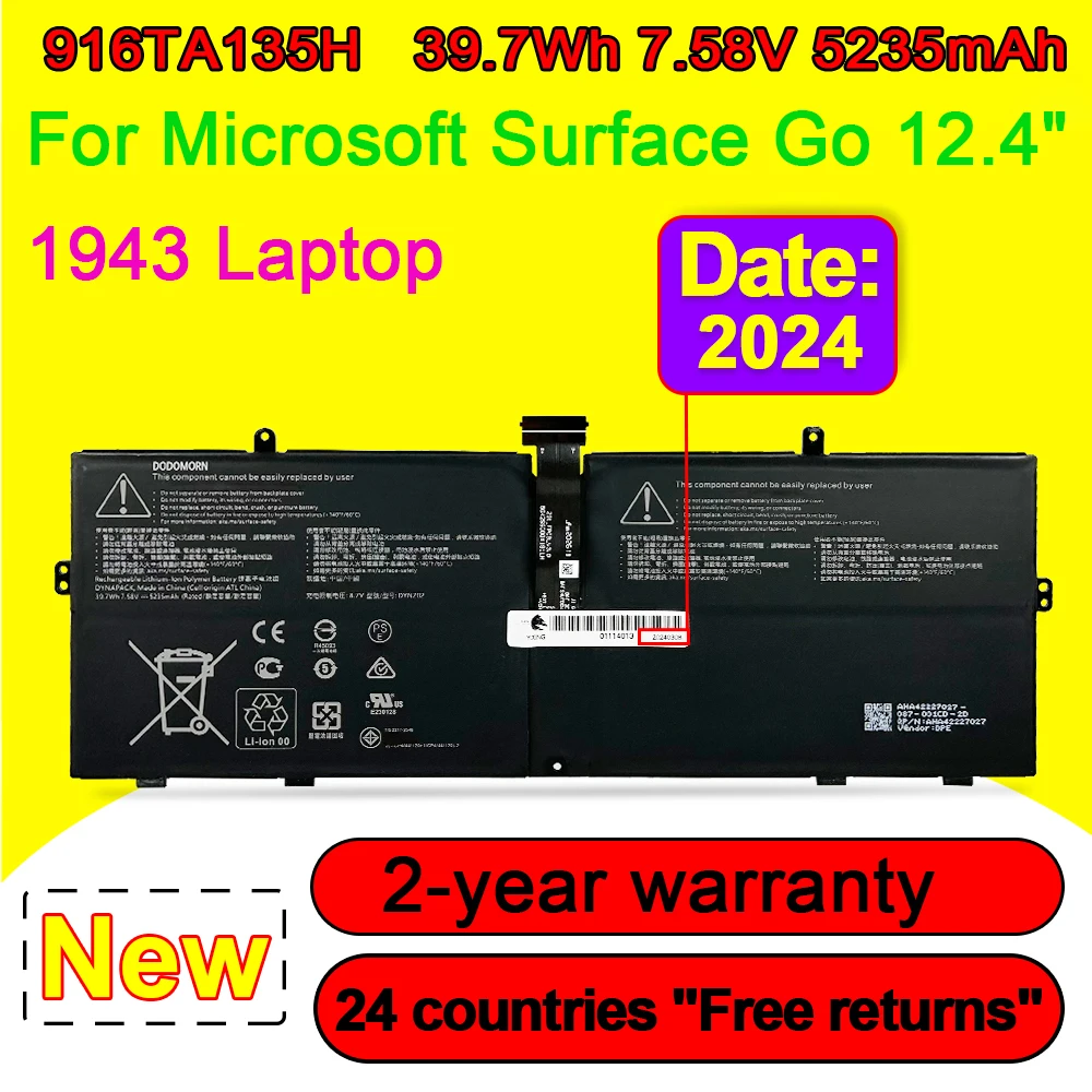 

916TA135H For Microsoft Surface Go 12.4" 1943 Laptop Battery DYNAPACK DYNZ02 With Tracking Number 7.58V 39.7Wh 5235mAh Batteries