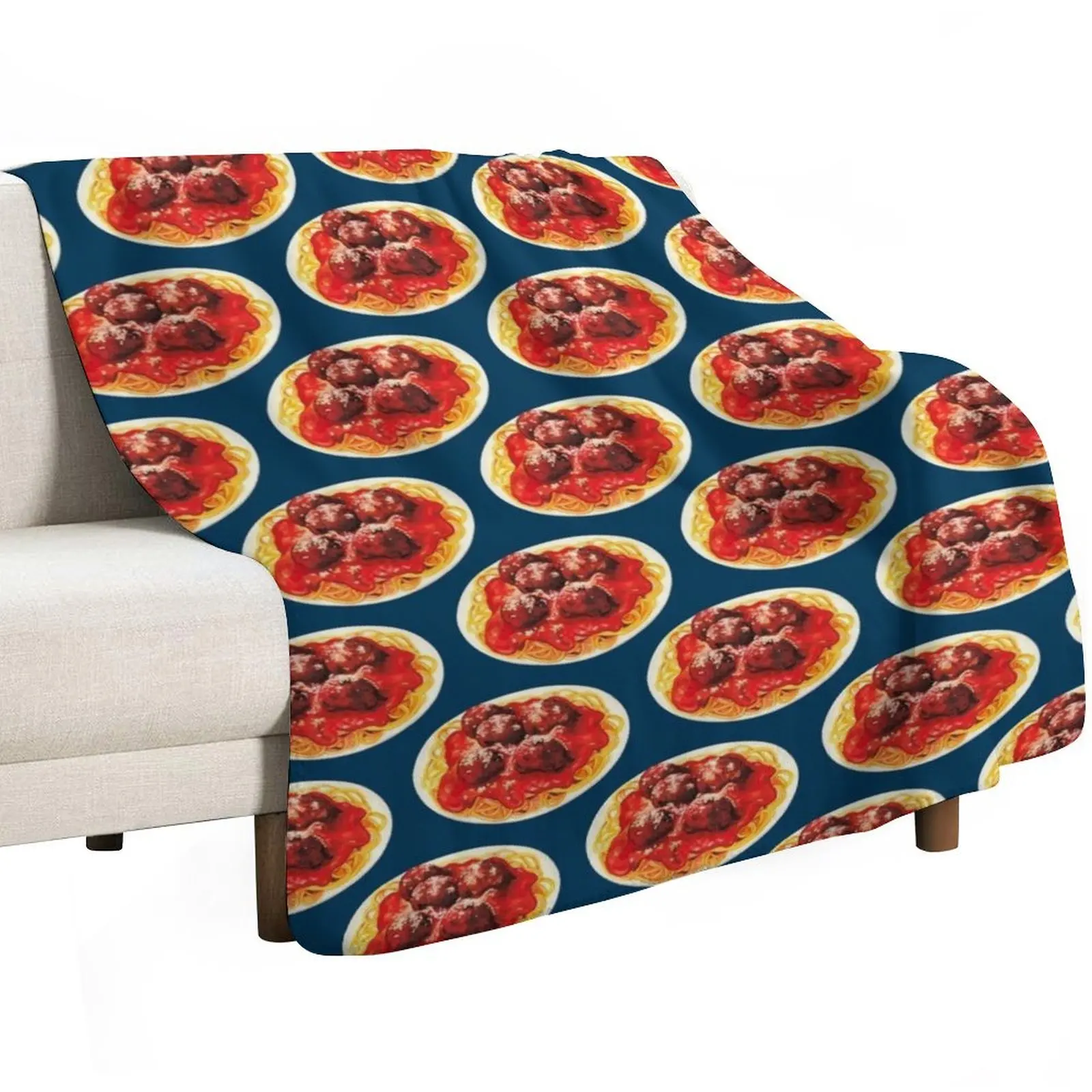 Spaghetti & Meatballs Pattern - Blue Throw Blanket Wrinkle Resistant Lightweight Blanket