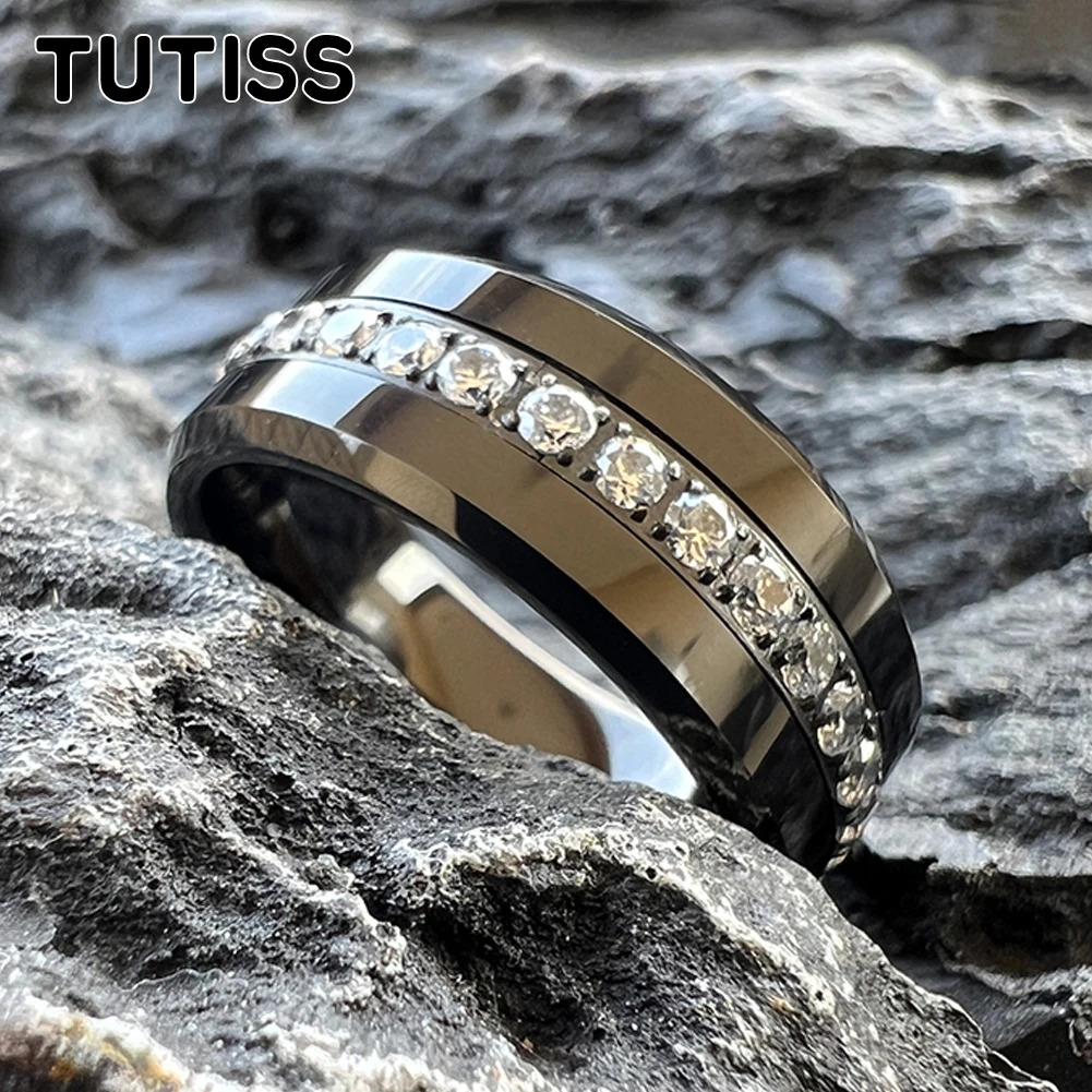 

TUTISS 8mm CZ Stone Inlay Beveled Edges Black Tungsten Ring for Men Women Eternity Fashion Engagement Wedding Band