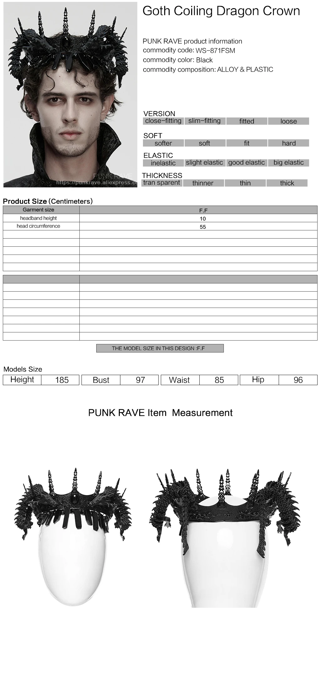 PUNK RAVE Men's Gothic Alloy & Biodegradable 3D-printed Dragon Coiling Crown Performance Dark Hats Accessories Headwear