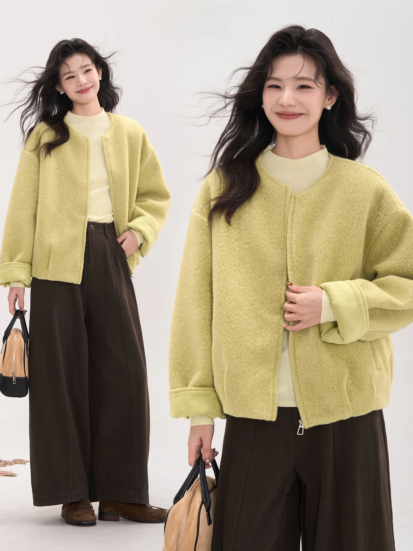 

Heme зимнее шерстяное пальто Thiened с застежкой-молнией круглого цвета Ne Snug, крутая замшевая верхняя одежда контрастного цвета для молодых женщин