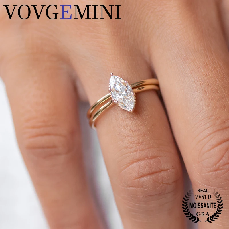 

VOVGEMINI 1carat Moissanite Solitaire Engagement Ring 10x5mm Marquise Cut Surrounded Dainty Row Beading Simple Wedding Band