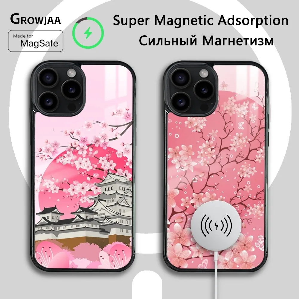 Japan Pink Cherry Blossom Phone Case For iPhone 16 15 14 13 12 11 Pro Max Plus Mini Magsafe Mirror Wireless Magnetic Cover