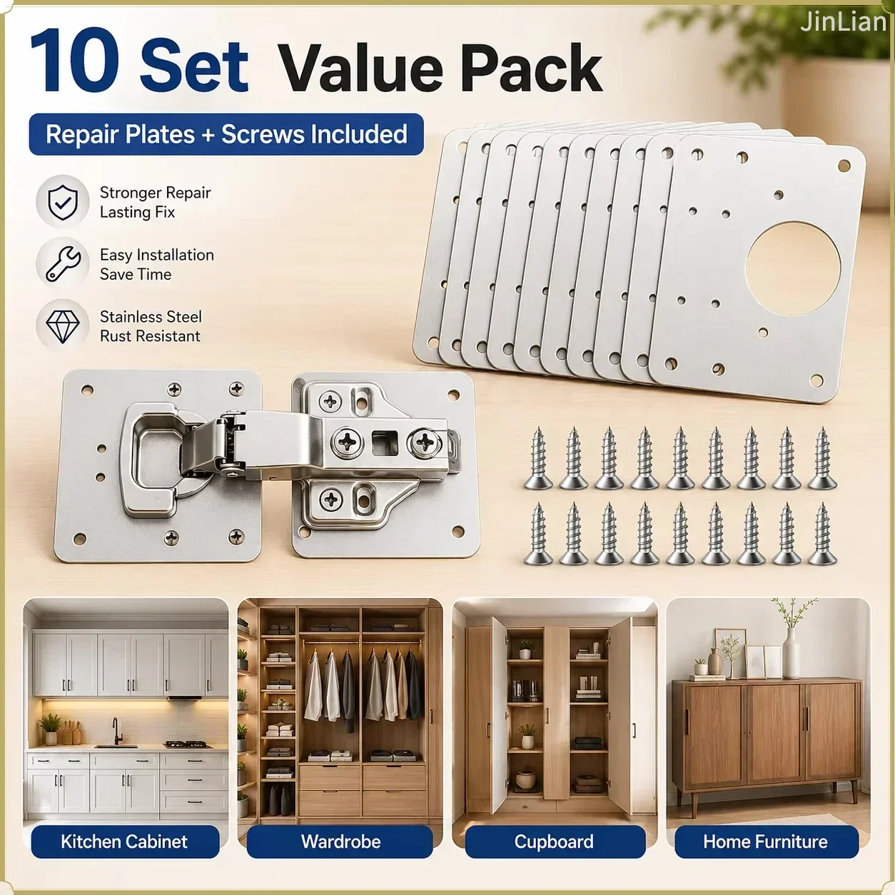 Stainless Steel Cabinet Door Hinge Repair Plate, Hinge Mounting Bracket Kit with Screws for Furniture Cabinet Repair Tools