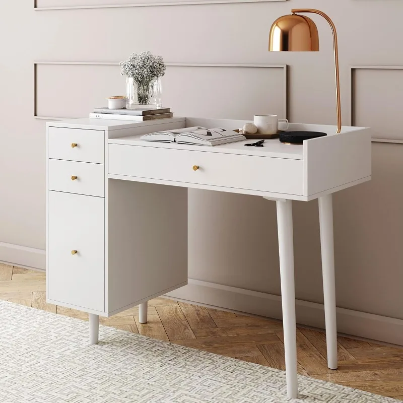 Daisy Vanity Dressing Table or Makeup Desk with 4-Drawers and Brass Accent Knobs