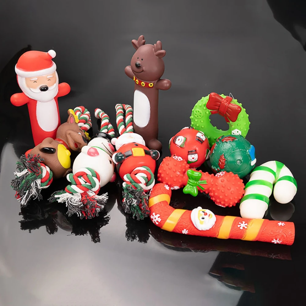 Christmas Socks Pet Toy Set Santa Claus Bite Resistant Cat Dog Toys Fun Interactive Ball Stick Puppy Plaything Decorative Gift