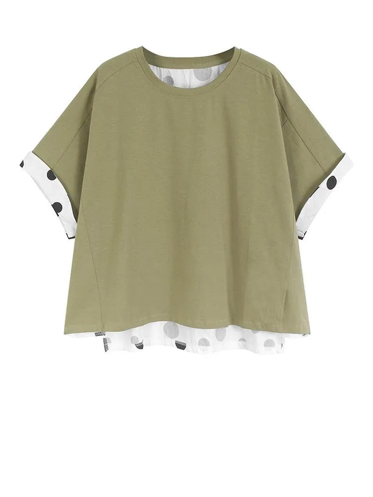 

Women Khaki Back Dot Printed Big Size T-shirt New Round Neck Short Batwing Sleeve Fashion Tide Spring Summer