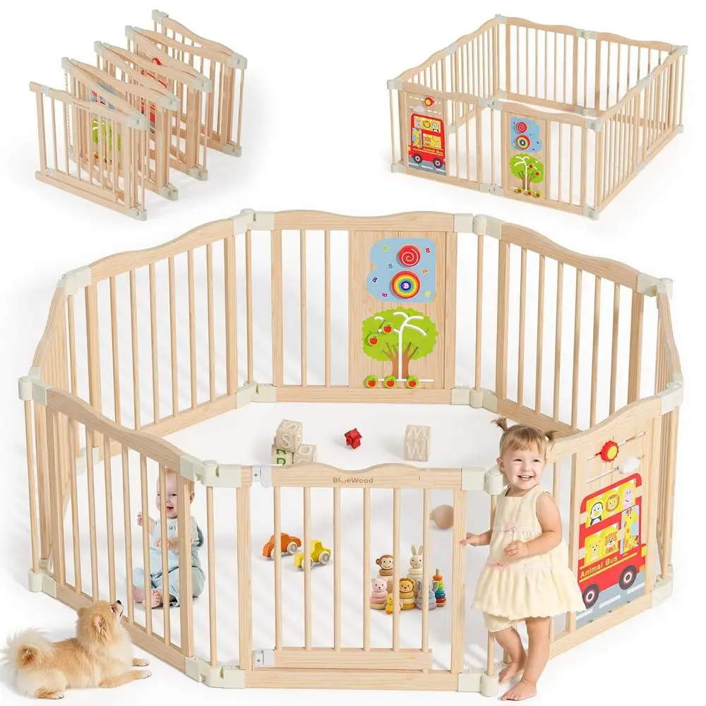 روضة أطفال خشبية قابلة للطي - ساحة لعب خشبية قابلة للتعديل وآمنة للأطفال مع قفل، سياج داخلي 8 ألواح للرضع والأطفال الصغار