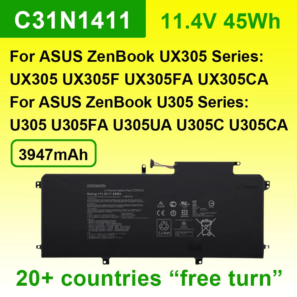 

Аккумулятор для ноутбука 11.4V 45Wh C31N1411 для ASUS ZenBook UX305 UX305F UX305FA UX305C UX305CA U305 U305FA U305UA U305C U305CA U305L