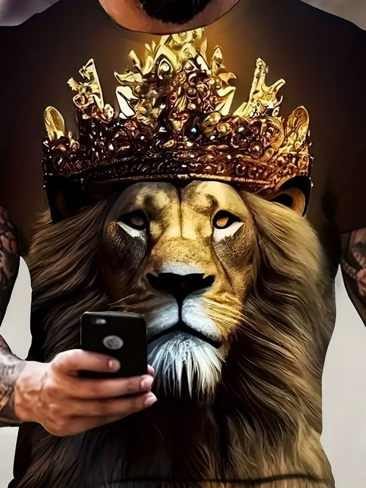 جديد رجل تي شيرت كول الأسد تاج ثلاثية الأبعاد مطبوعة الصيف الشارع موضة نمط علوي قصير الأكمام تيز الجولة الرقبة الرجال الصليب تي شيرت #1