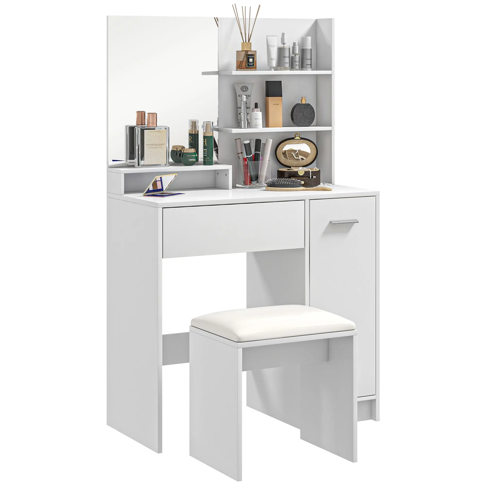 HOMCOM makeup vanity with stool mirror shelves White