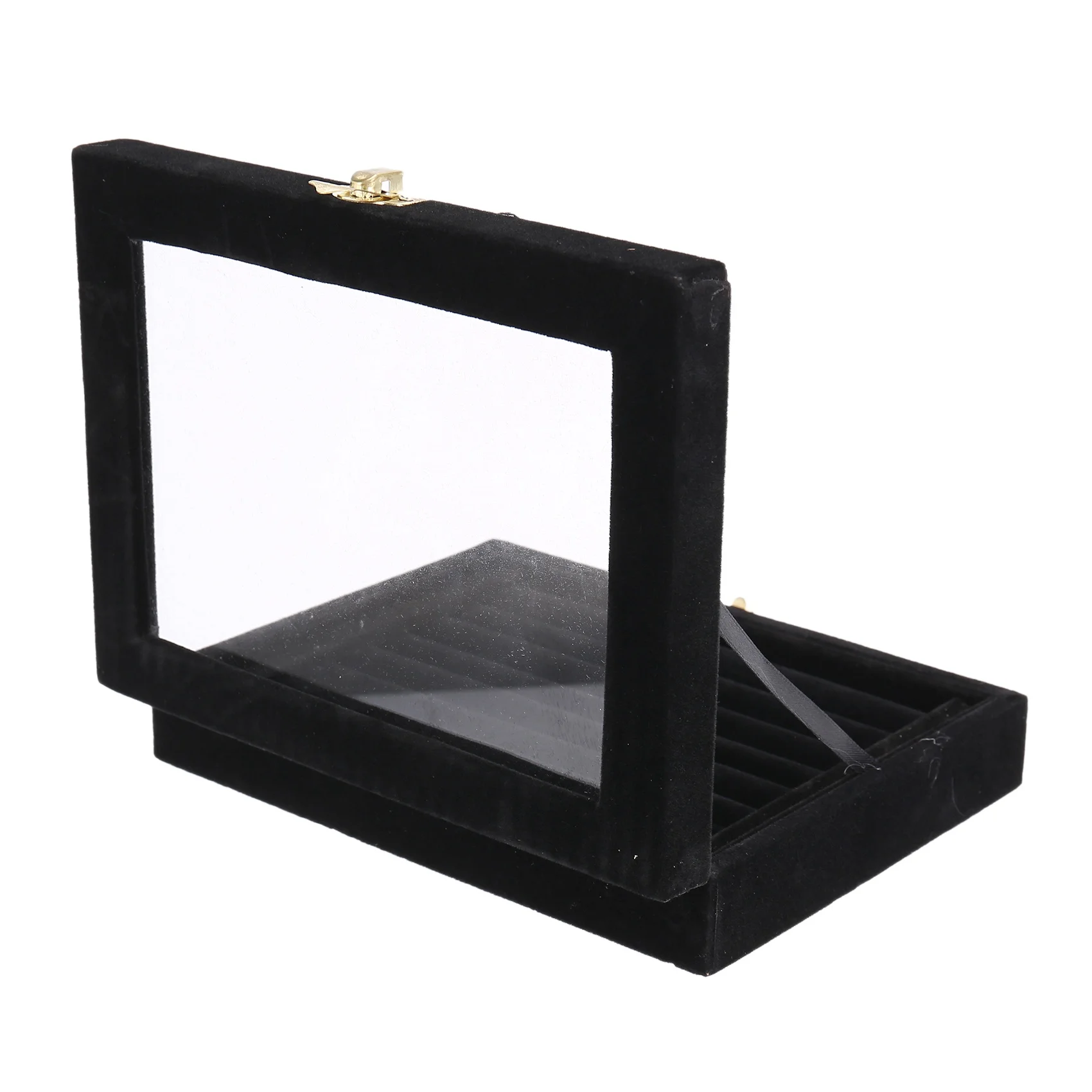 Velvet Glass Ring Earring Jewelry Display Organizer Box Tray Holder Storage Case, Black