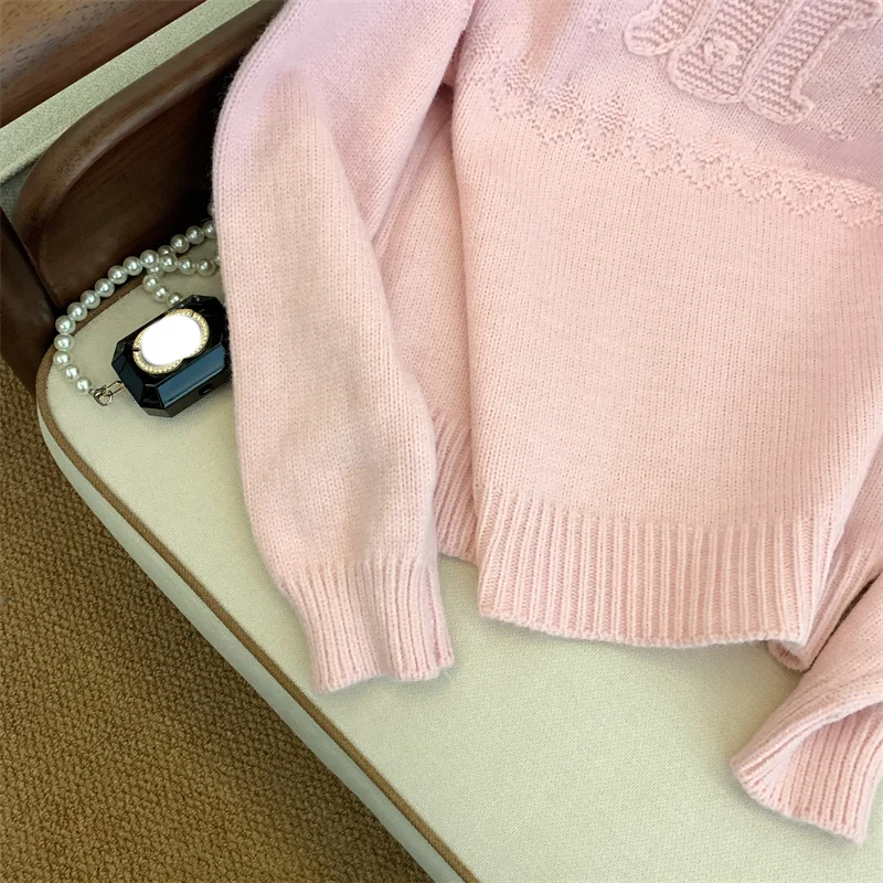 Pink Jacket Women Clothing Vintage Knitting Sweater Pullover Long Sleeve Casual Fashion Contrasting Colors Female Winter Tops