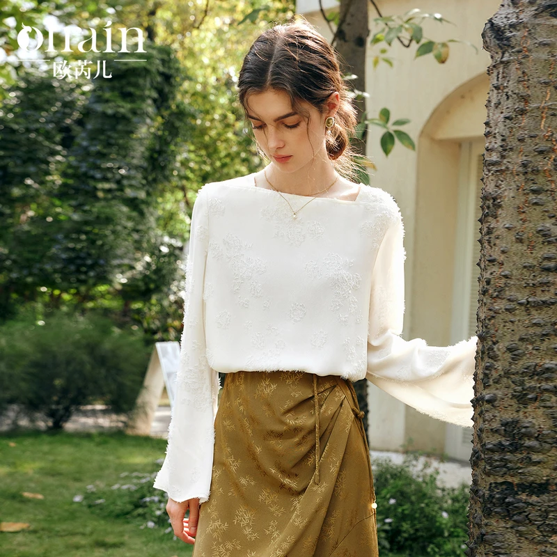 

OLrain Elegant Chiffon Blouse for Woman 2025 Autumn Ladies French Square Neck Cutwork Jacquard Shirts & Blouses Women M57CX95958