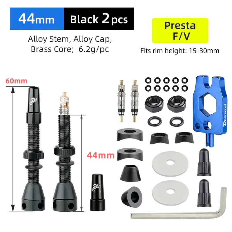 Fahrrad F/V Tubeless-Ventil 44 60 80mm mit optionalem Werkzeug für Gravel-Bikes, Aluminiumlegierung, Messingkern, Presta-Ventil, Fahrradteile