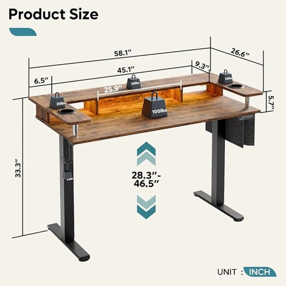 LED Electric Standing Desk Adjustable Height, 58x26 Inch Large Sit Stand Desk with Monitor Stand, Ergonomic Rising Desk