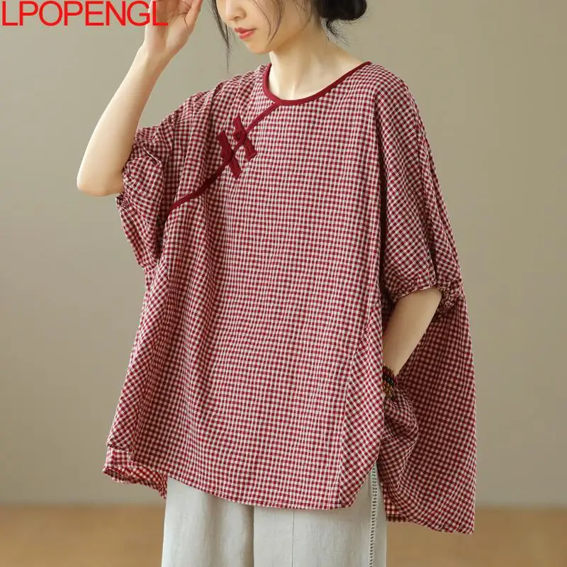 Woman Fashion Ethnic Style 2023 Summer Retro Buckle Cotton Linen Pullover Lantern Sleeve Plaid O-neck Vintage Oversized Shirt