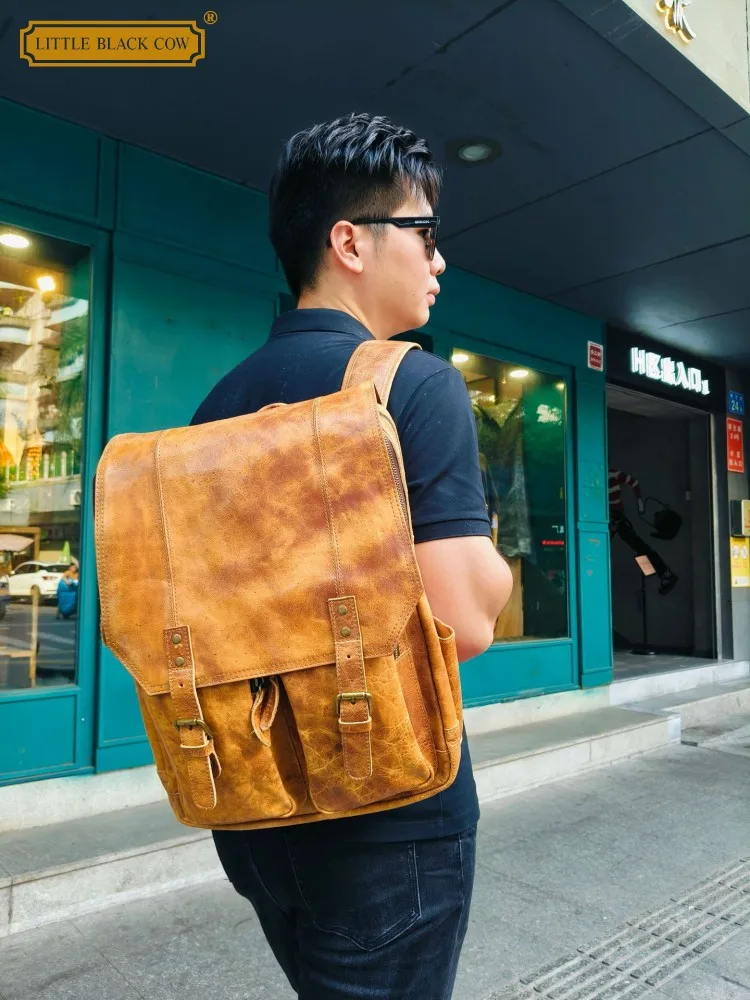 

Mens Large Capacity Cowhide Genuine Leather Bag Business Work Laptop Double Shoulder Bags Schoolbag Vintage Outside Travel Bag