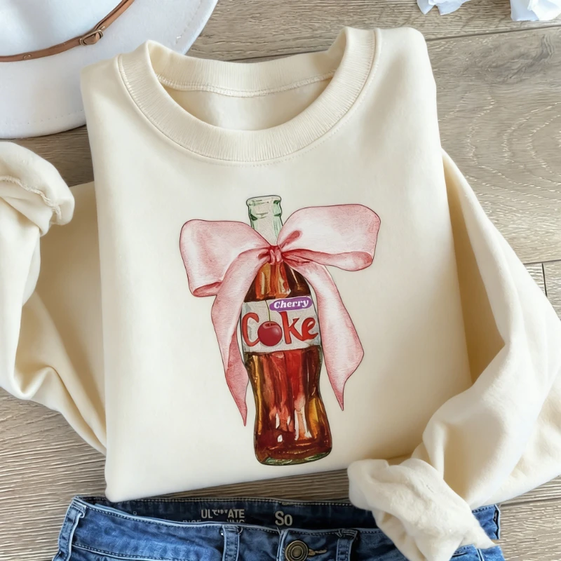 Pink Bow Cola Crewneck Sweatshirt Coke Lover I Need A Funny Long Sleeve Cherry Soda Autumn and Winter Commuter Thermal Hoodie view 4