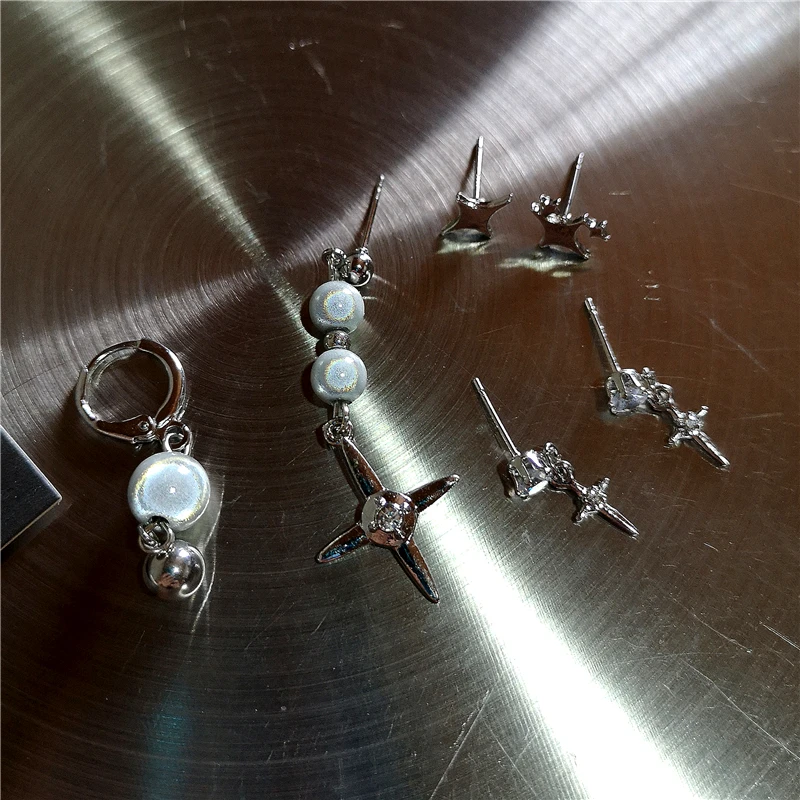 6PCS SET Punk Safety Pin Reflective Beads Irregular Zircon Cross Pendant Earrings For Women Men Grunge Y2K Charm EMO Accessories