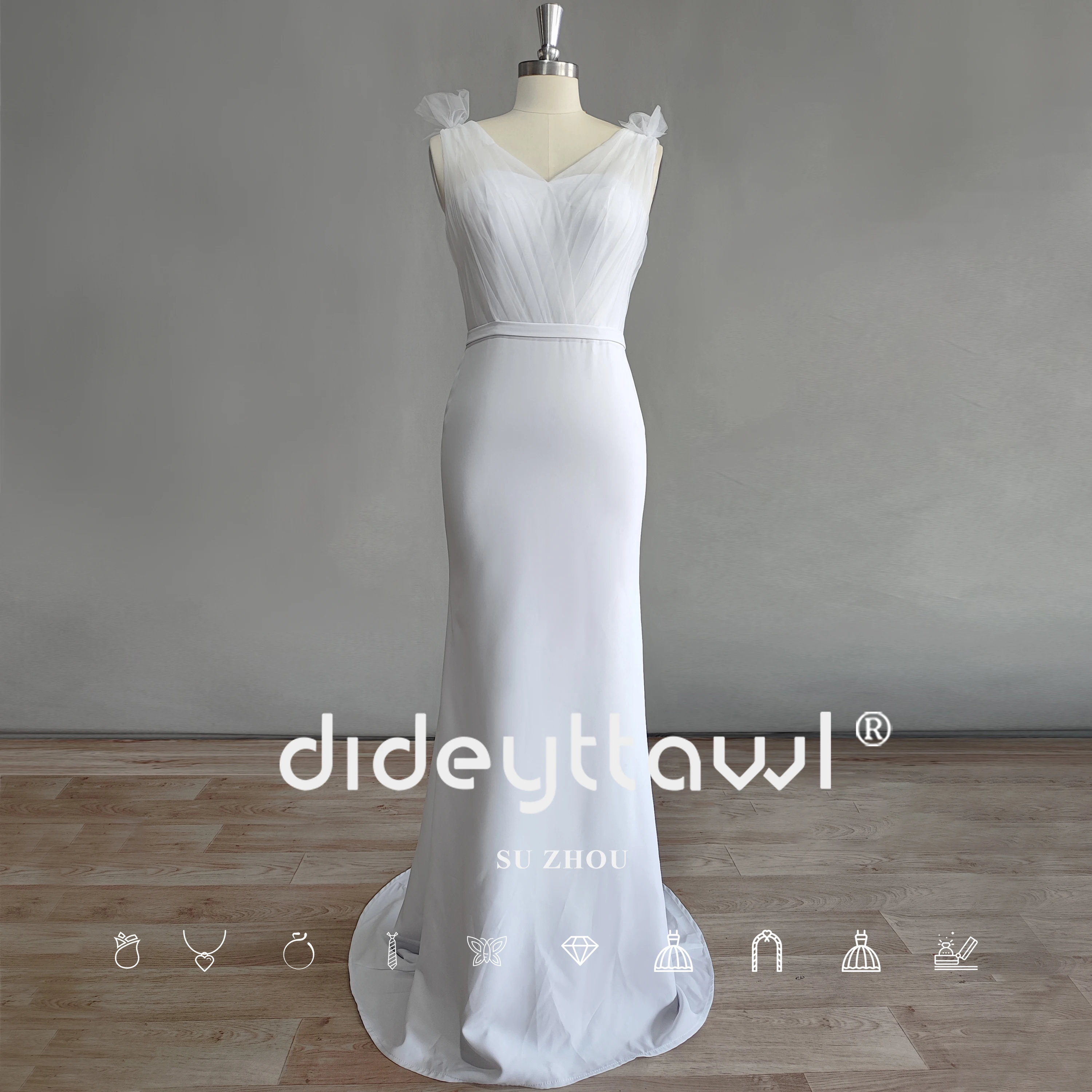 DIDEYTTAWL Real Photo V Neck Crepe Simple Mermaid Wedding Dress Rushed Sleeveless Sweep Train Bridal Gown Custom Made