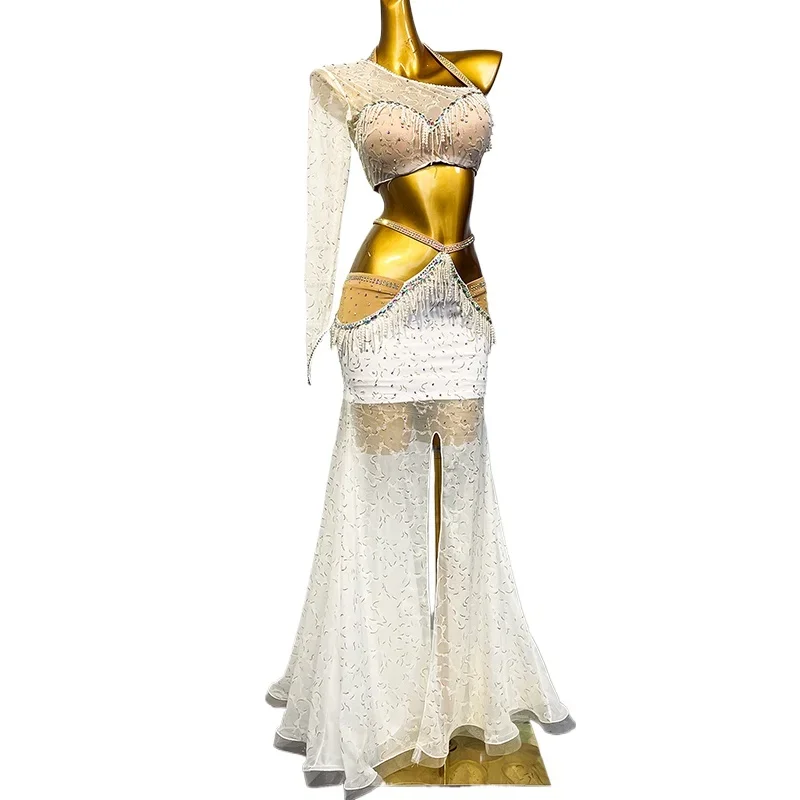 Kostium wydajnościowy BellyDance damski dostosowany lekki luksusowy AB kamienie frędzle szyfonowy zestaw odzież na konkurs tańca orientalnego — zdjęcie 6