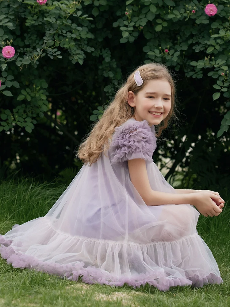 Baby Girls Dresses Gauze Sequins Purple Princess Clothing 2022 Summer 3T 12T Kids Wear Cute Children Party Bridemaid Clothes